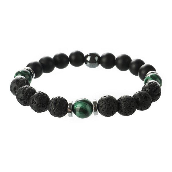 Браслет Фиделис - Сталь, Вулканическая лава, Гематит, Малахит, Шунгит (арт. AS-S02-10-ShLvMh)