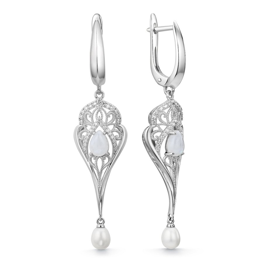 Серьги Дар - Серебро 925, Жемчуг культивированный, Лунный камень, Синтетический муассанит (арт. С-5284ржк100543616128)