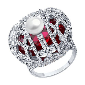 Кольцо SOKOLOV - Серебро 925, Жемчуг культивированный, Синтетический рубин, Фианит (арт. 84010037)