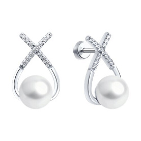 Серьги Diamant - Серебро 925, Жемчуг имитация, Фианит (арт. 94-122-02360-1)