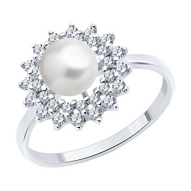 Кольцо SOKOLOV - Серебро 925, Жемчуг синтетический, Фианит (арт. 94013901)