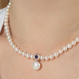 Колье SOKOLOV - Золото 585, Жемчуг культивированный, Синтетический сапфир , Фианит (арт. 797000)