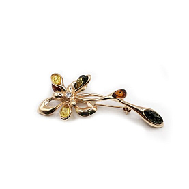 Брошь Янтарная волна - Серебро 925, Фианит, Янтарь (арт. 825005м)