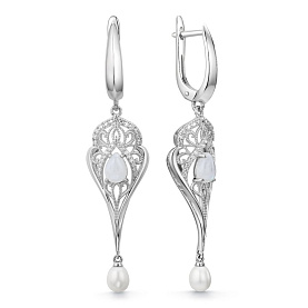 Серьги Дар - Серебро 925, Жемчуг культивированный, Лунный камень, Синтетический муассанит (арт. С-5284ржк100543616128)