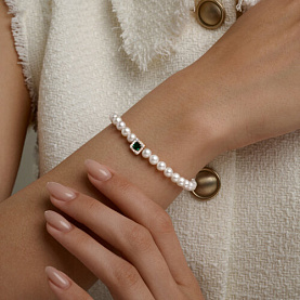 Браслет SOKOLOV - Золото 585, Жемчуг культивированный, Синтетический изумруд (арт. 795070)