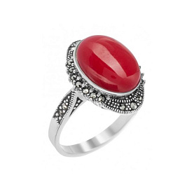 Кольцо Марказит - Серебро 925, Марказит Swarovski, Синтетический коралл (арт. HR1060)