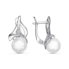 Серьги Красная пресня - Серебро 925, Жемчуг имитация, Фианит (арт. 33612018Д)
